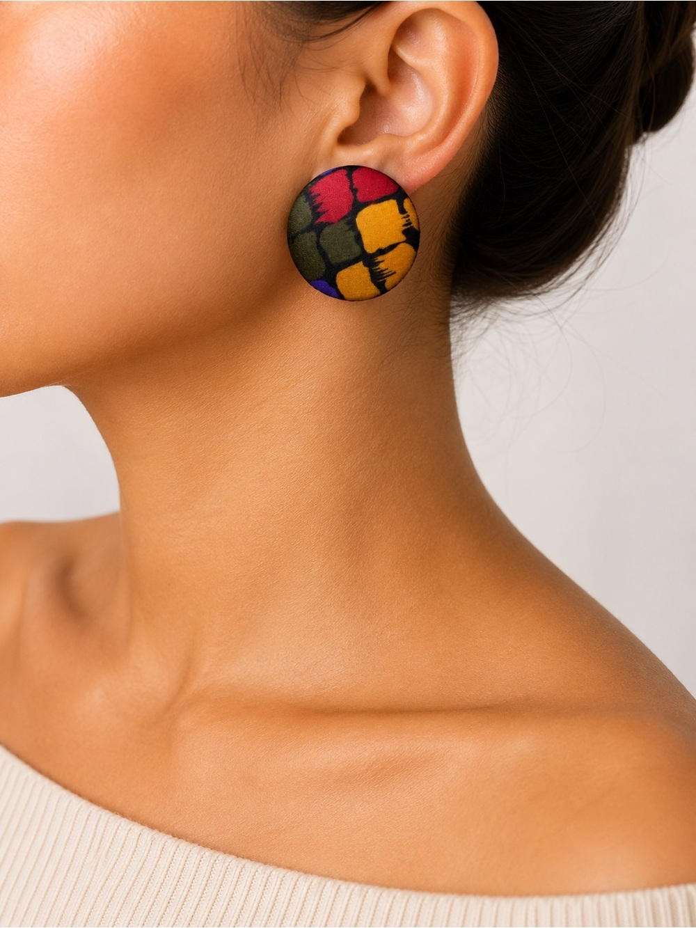 Bold Multicolor Fabric Button Earrings - Women
